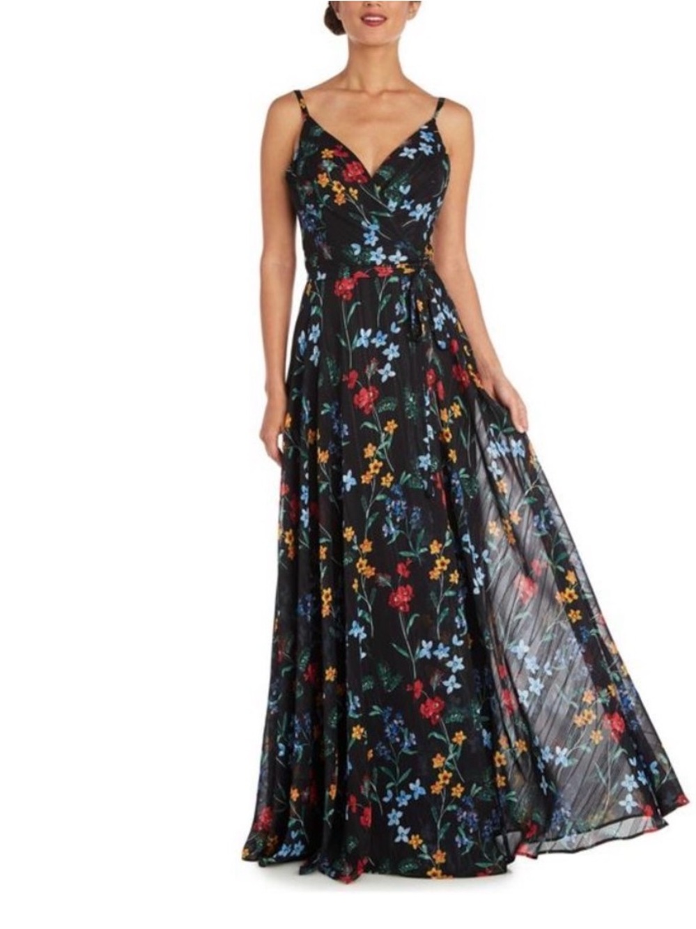 Nightway collection Floral Print Maxi Dress W/Spaghetti Straps NWT size 12 Black